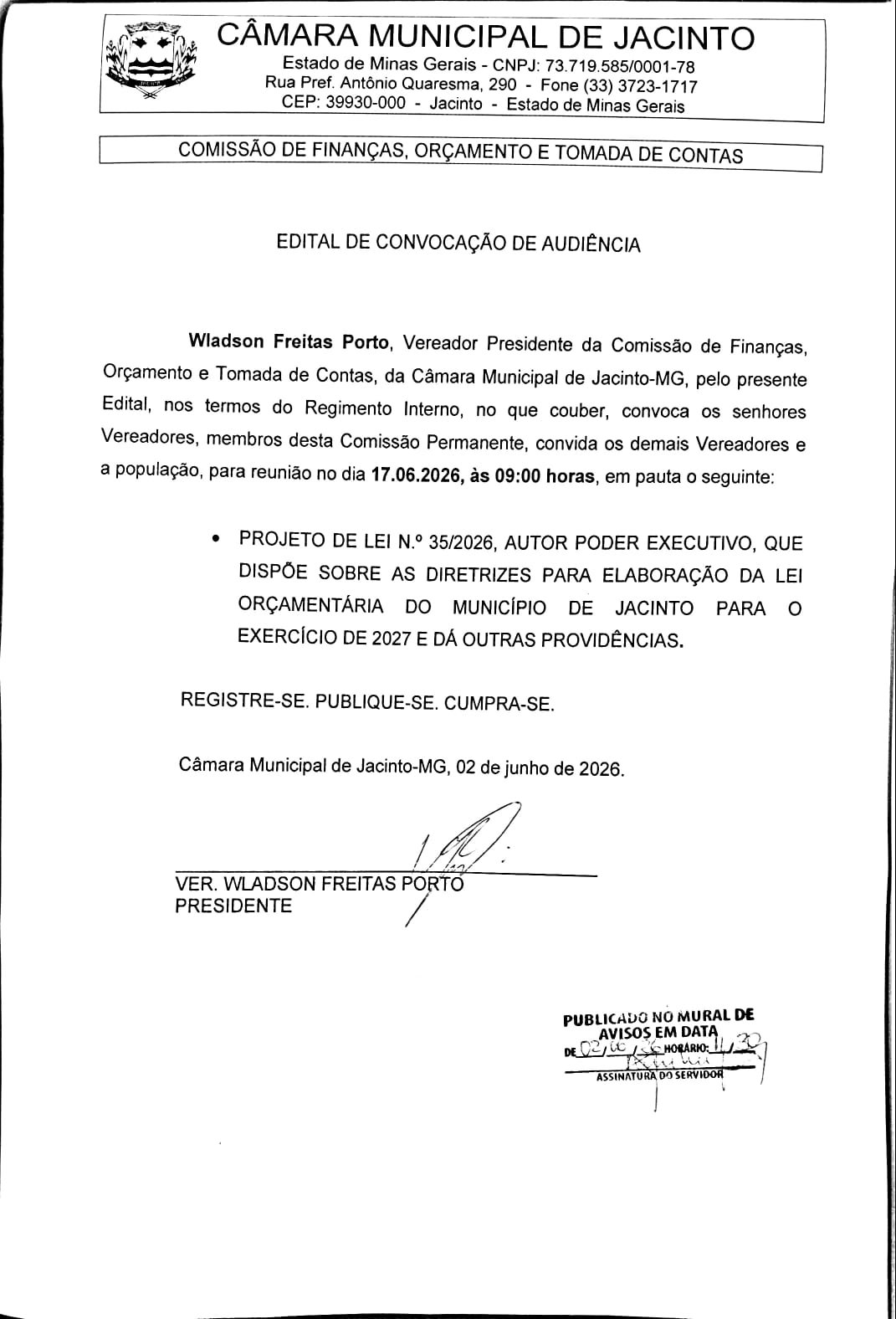 EDITAL DE CONVOCAÇÃO DE AUDIÊNCIA.